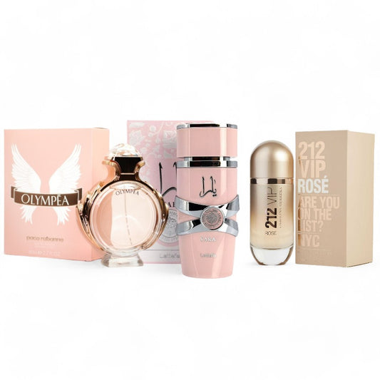 Kit de perfumes para Dama  "Olympea , Yara y 212 VIP Rosé"  100ml